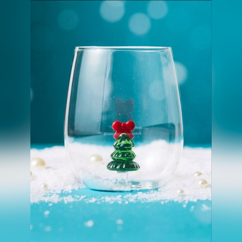 Anthropologie Jolly Icon Yuletide Stemless Wine Glass Tree With Red Bow